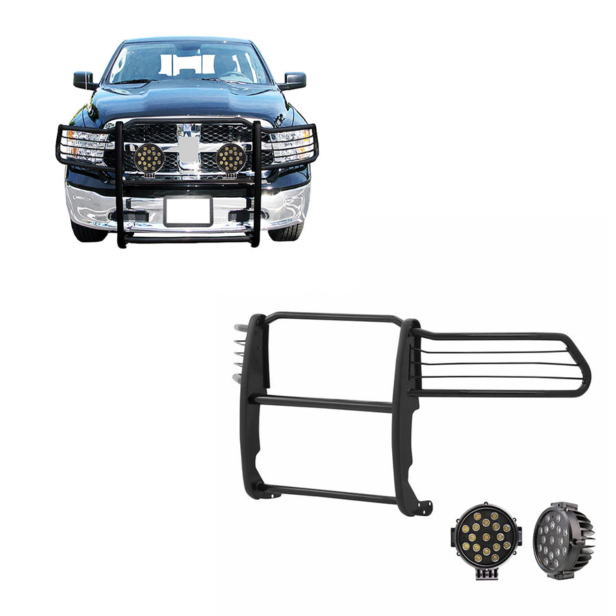 Bumper Guard Modular Black Black Horse Grille Brush Come with Pair of 7.0" Dia.LED Lights with Black Trim Rings Compatible with 2009-2018 Dodge Ram 1500|2019-2024 Ram 1500 Classic-17DG109MA-PLB