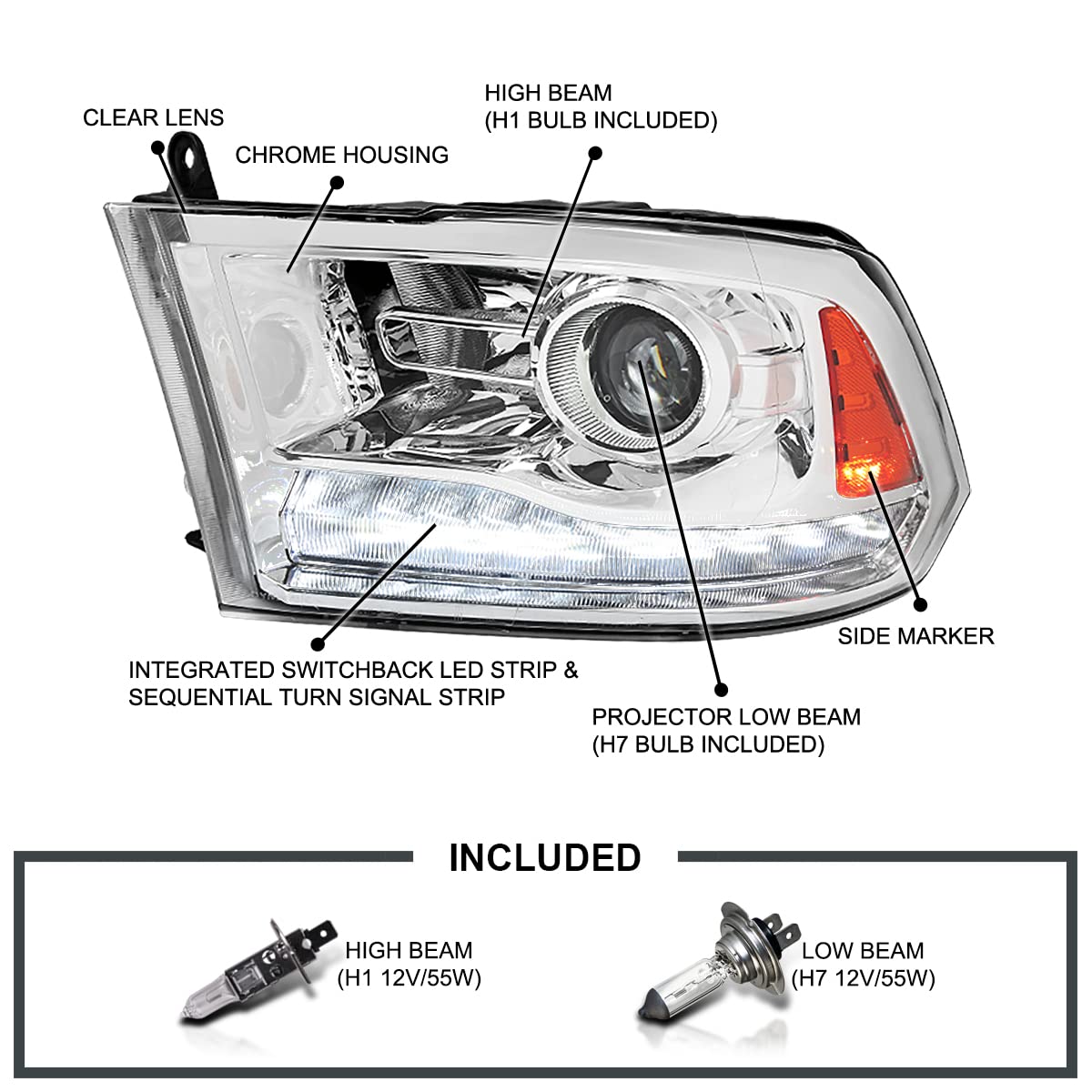 Chrome Projector Headlights SPEC-D TUNING + Sequential Switchback LED Signal Strip Compatible with 2009-18 Dodge RAM 1500/2500/3500, 2019-24 Dodge RAM 1500 Left + Right Pair Headlamps Assembly