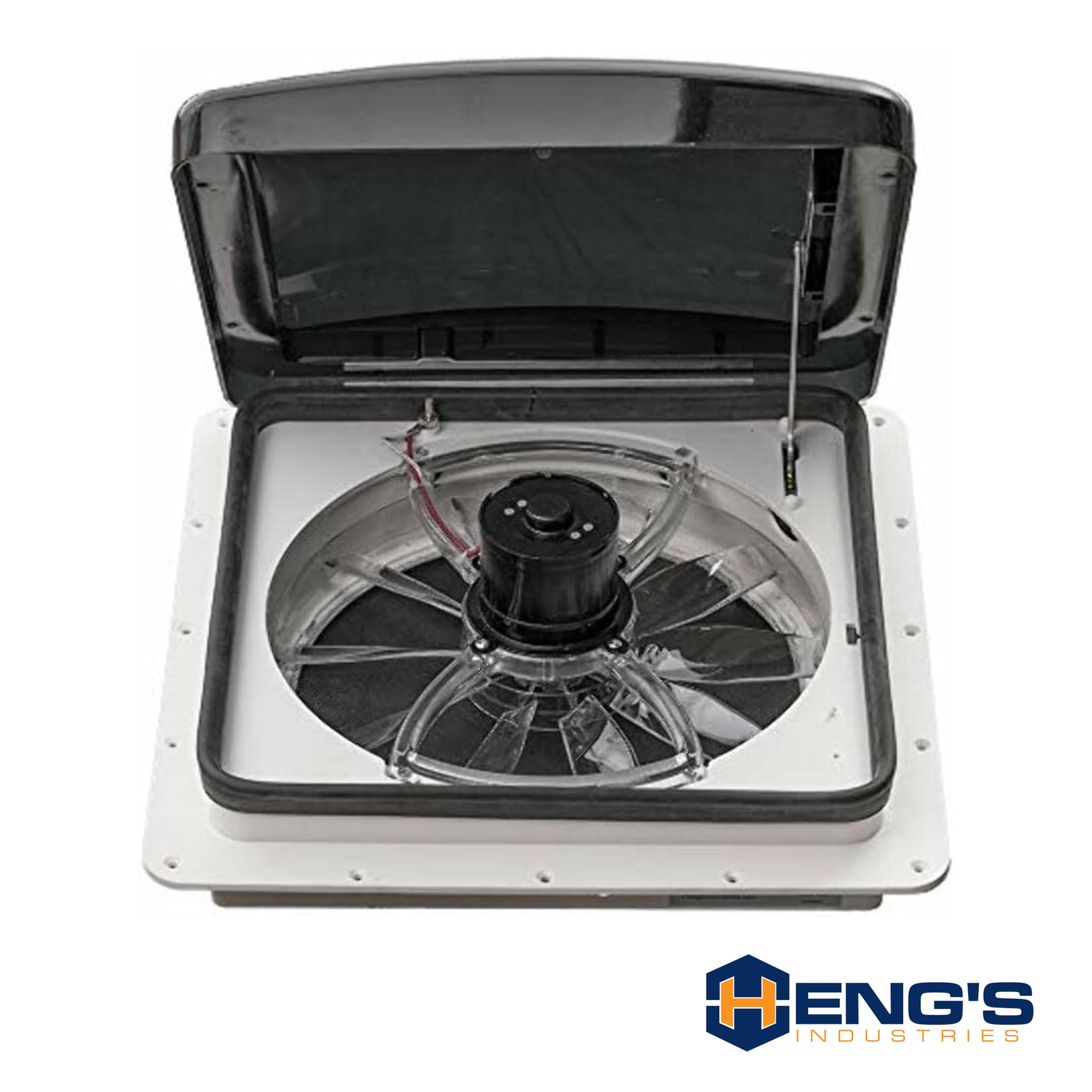 Zephyr RV HENG'S INDUSTRIES 14" Roof Vent Fan | Smoke Lid | Manual Powered | White Screen Frame, Collar, & 6" Square Garnish | SV4112-G4/74112V-G4