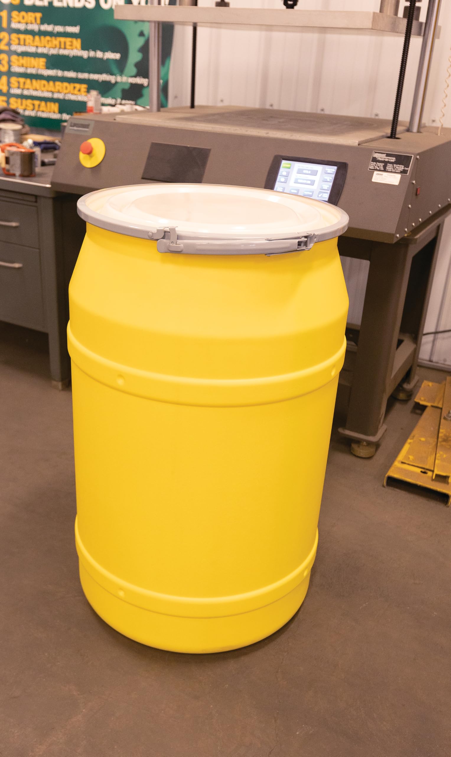 55 Gallon Eagle Plastic Drum with Lid, Metal Lever-Lock, 36.4"x22.5", Open Head Lab Pack Drum Made of Durable, Lightweight HDPE, Withstands Weather and Chemicals, Made in USA, Yellow, 1656M