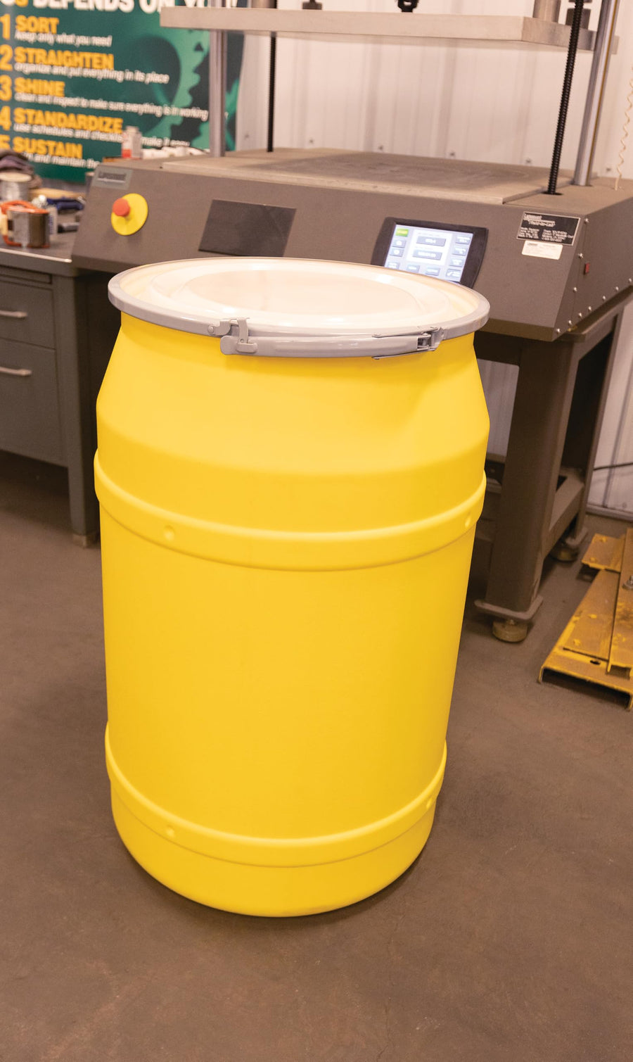 55 Gallon Eagle Plastic Drum with Lid, Metal Lever-Lock, 36.4"x22.5", Open Head Lab Pack Drum Made of Durable, Lightweight HDPE, Withstands Weather and Chemicals, Made in USA, Yellow, 1656M
