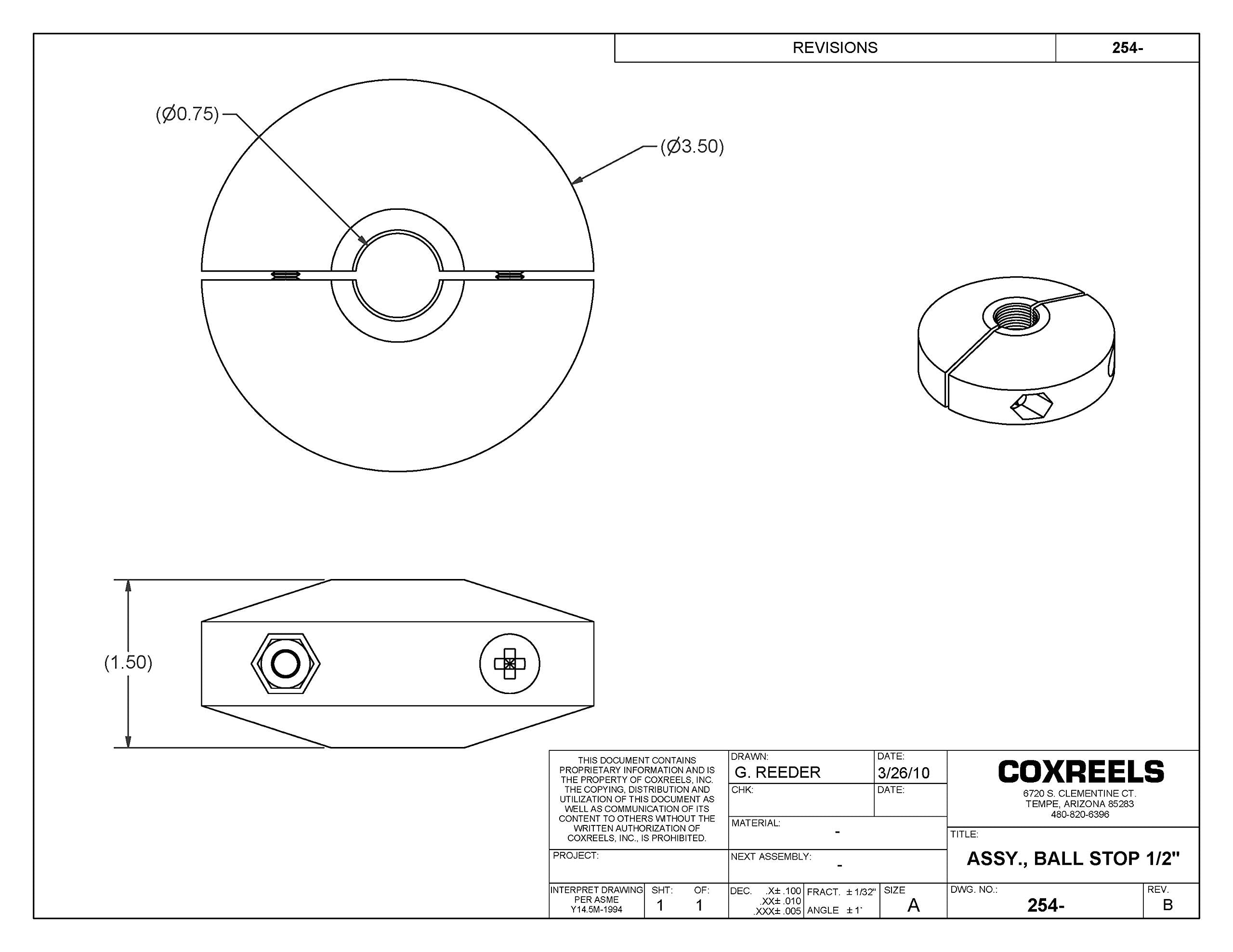 Coxreels Ball Stop 254 for Spring Driven Reel, fits 1/2"ID Hose.