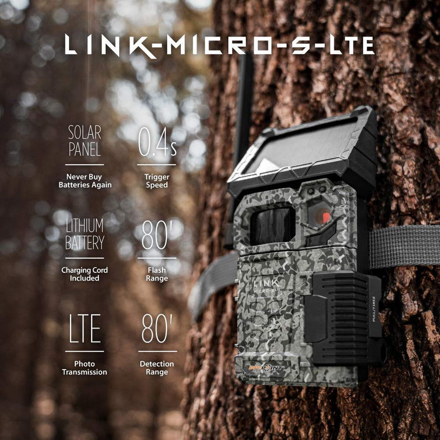 SPYPOINT Trail Camera Link-Micro-S-LTE-V Cellular Solar Panel 10MP Photos Night Vision 4 LED Infrared Flash 80'Detection Flash Range 0.4second Trigger Speed Game Cell Cam for Hunting-for USA only