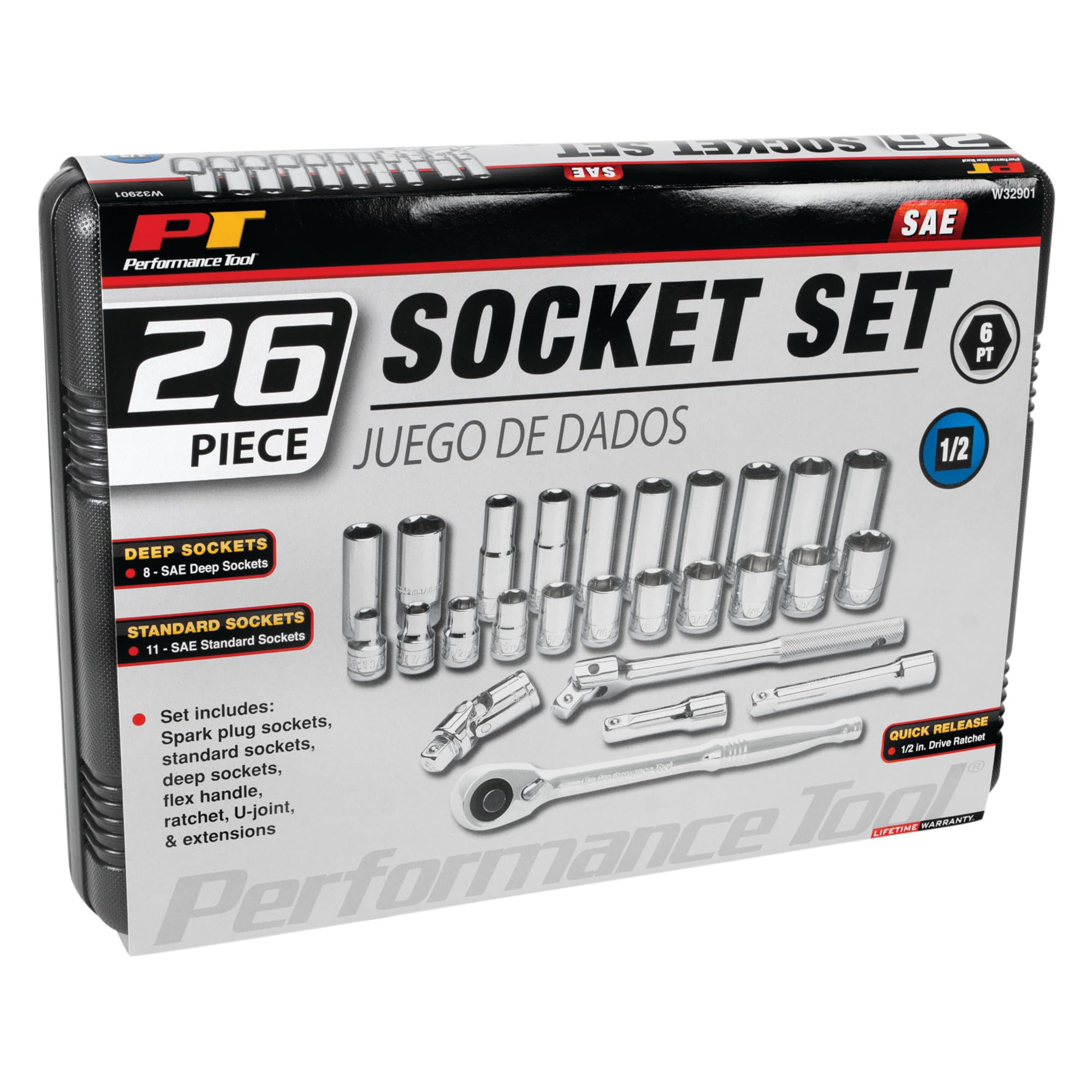 W32901 Performance Tool 1/2-Inch Drive SAE Socket Set, 26-Piece, 1-Pack