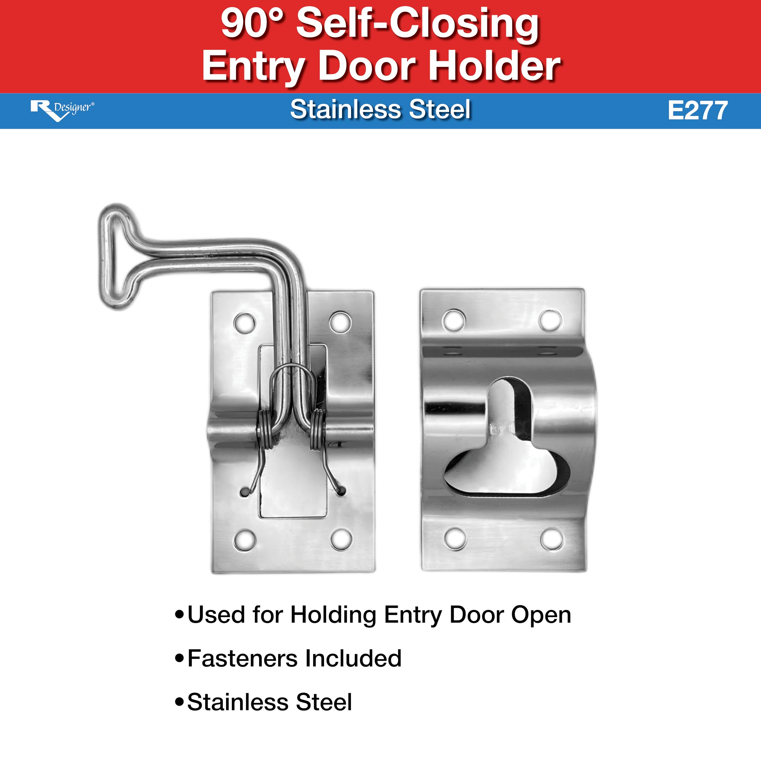 E277 RV Designer 90° Entry Door Holder, Stainless Steel, Silver