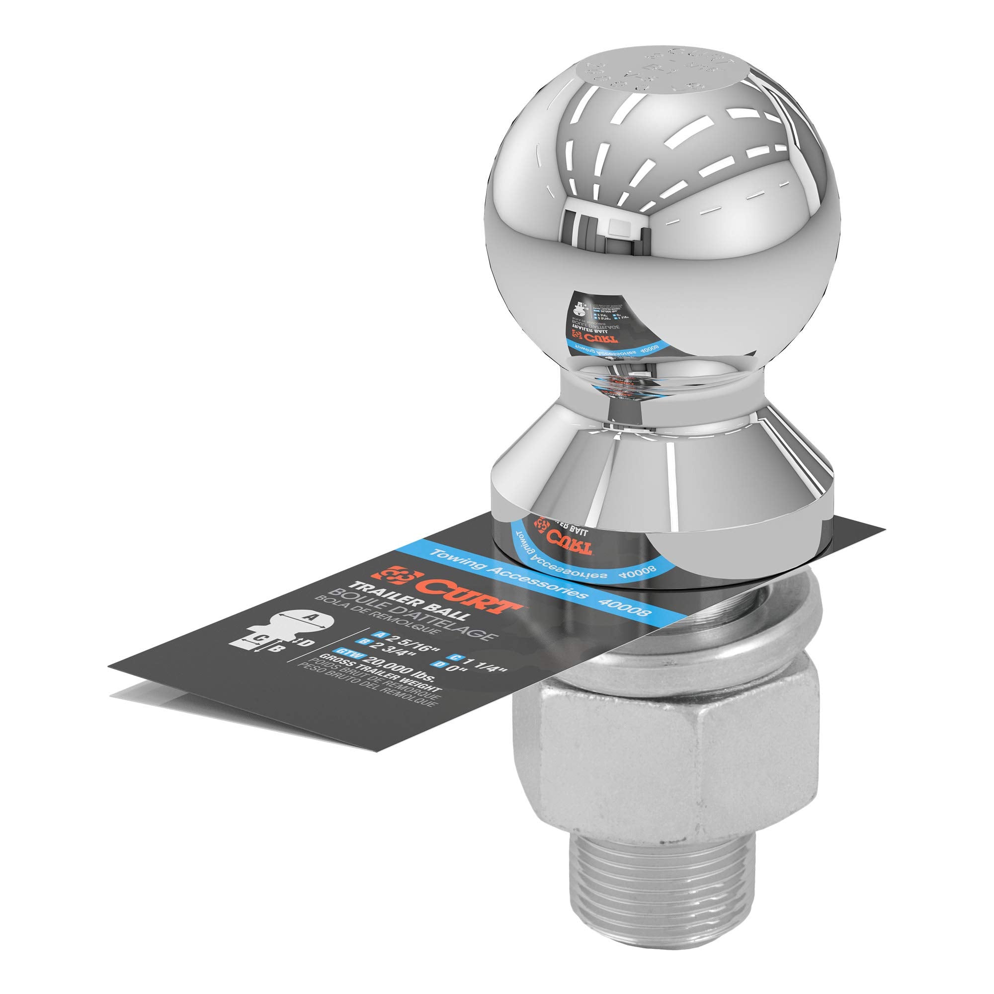 Chrome CURT Trailer Hitch Ball, 20,000 lbs, 2-5/16-Inch Diameter, 1-1/4 x 2-3/4-Inch Shank