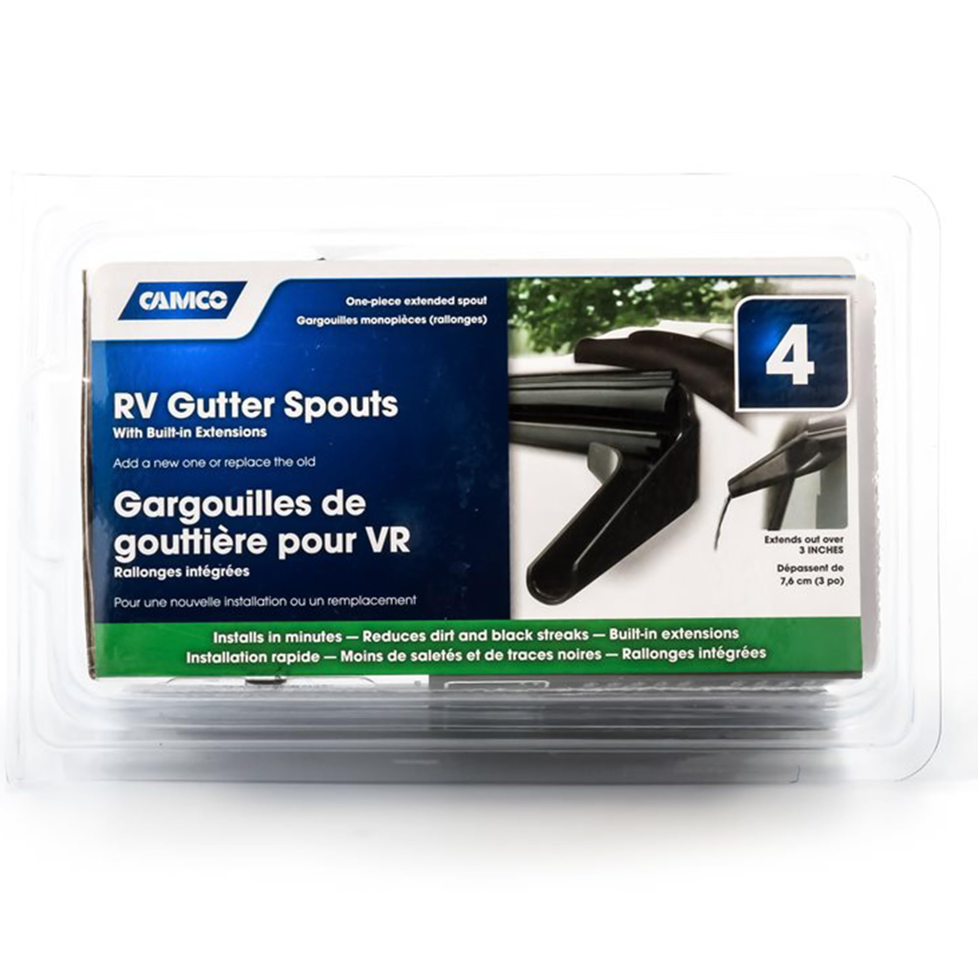 Camco RV Gutter Spouts with Extensions Built-in | Direct Rain Water Runoff Away from The RV | Features an Easy Installation, a Sun Resilient Resin Construction, and Comes in a 4-Pack of Black (42452)
