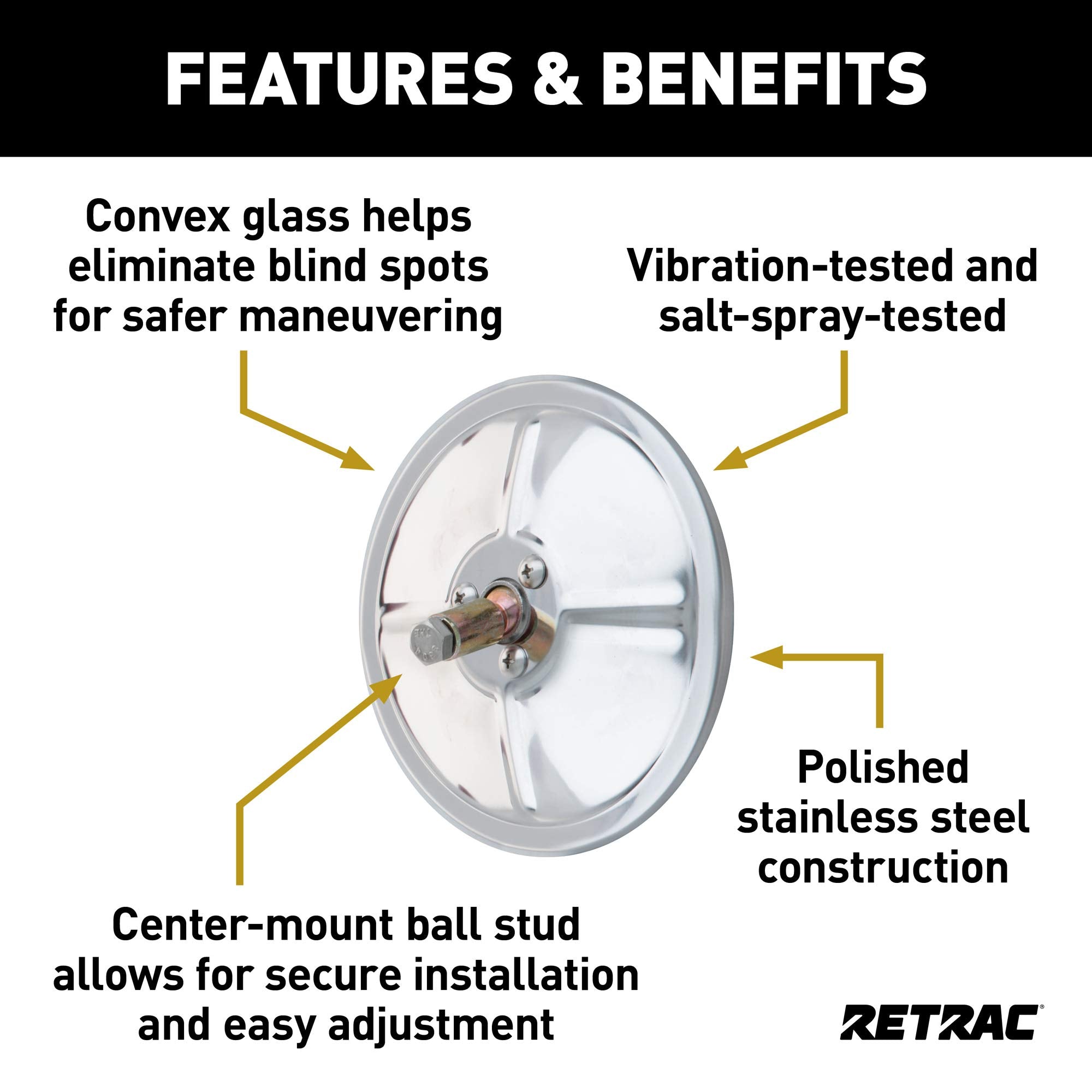 6-Inch RETRAC Stainless Steel Center-Mount Convex Mirror Head, Universal Driver or Passenger Side