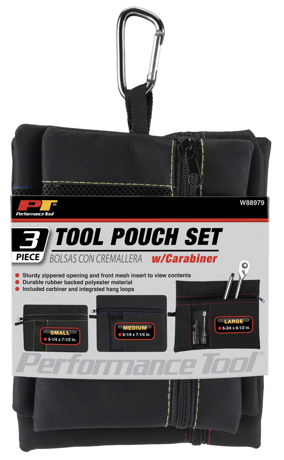 3-Bag Set Performance Tool W88979: Durable Polyester Pouches with Carabiner and Hang Loops for Parts and Accessories Organization