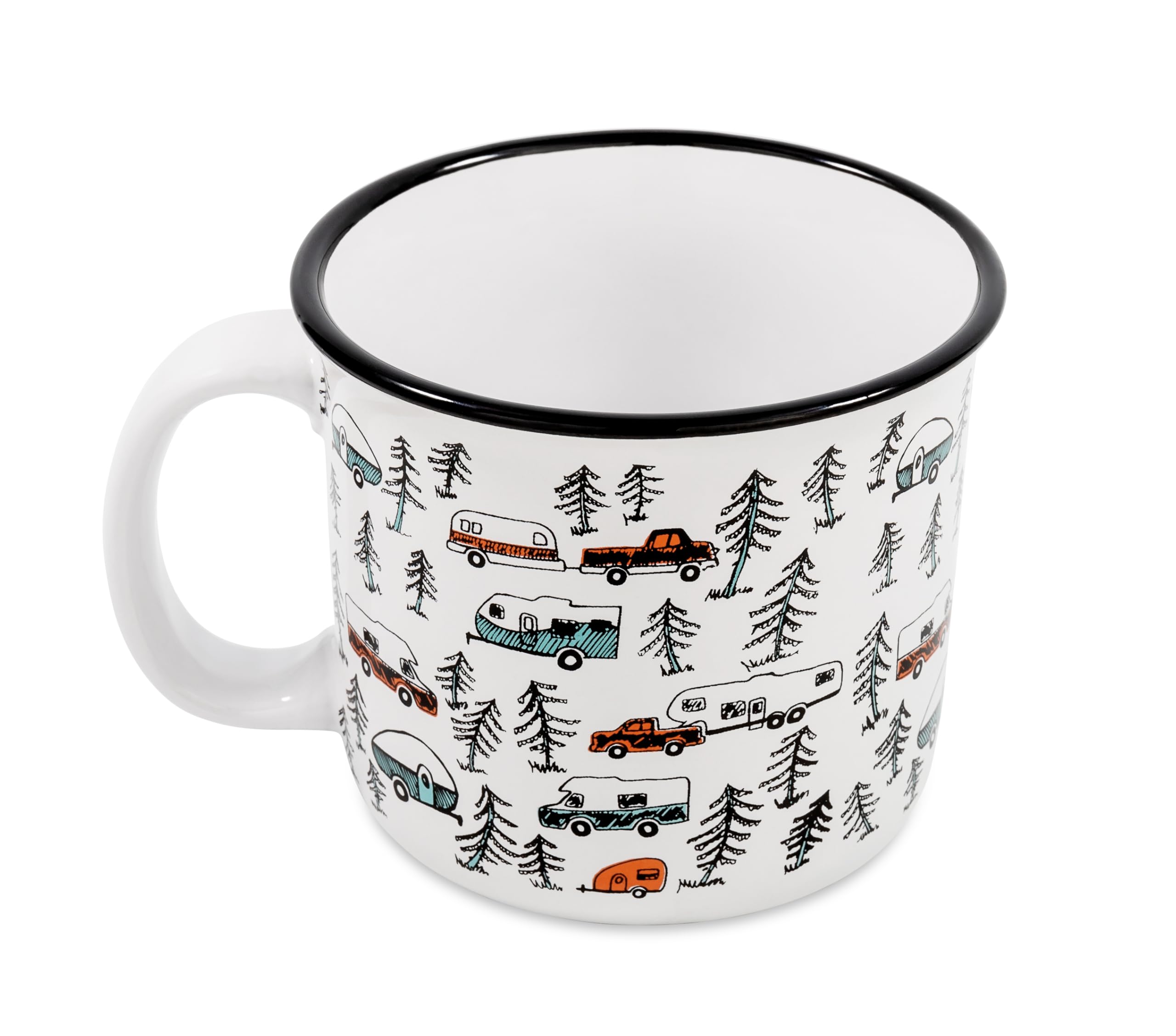 Camco Ceramic Coffee Mug is Better at The Campsite - Microwave and Dishwasher Safe - Features Sketched RVs Design - Coffee Cup Holds 14oz. (53383)