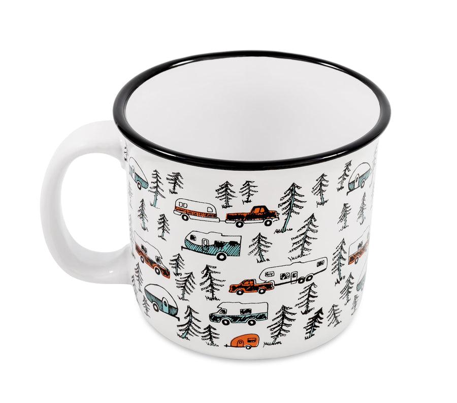 Camco Ceramic Coffee Mug is Better at The Campsite - Microwave and Dishwasher Safe - Features Sketched RVs Design - Coffee Cup Holds 14oz. (53383)