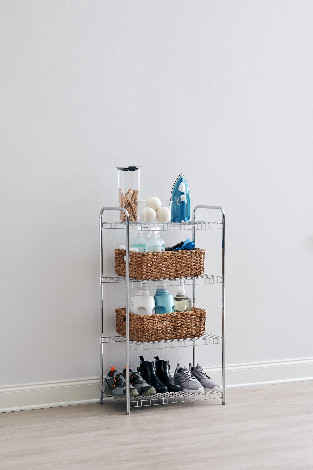 Rubbermaid Heavy Duty 4-Tier Wire Shelf, Satin Nickel, Easy Assemble with Hardware Included, for Food/Laundry/Closet Home Storage Use