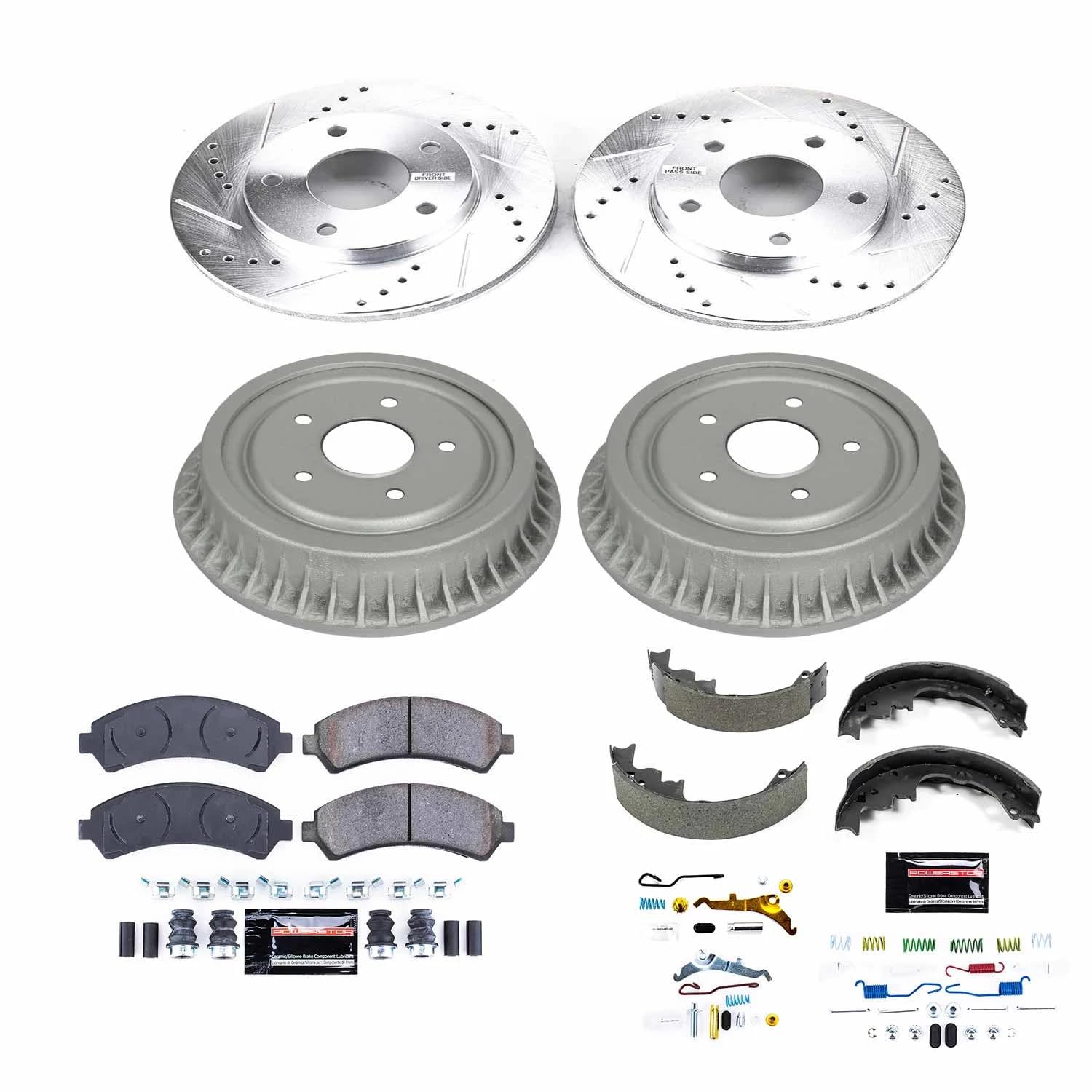 Power Stop K15428DK Z23 Carbon Fiber Brake Pads Front and Rear with Drilled & Slotted Brake Drums Kit For Chevrolet S10 1998-2003, GMC Sonoma 2000-2003 [Model Specific]