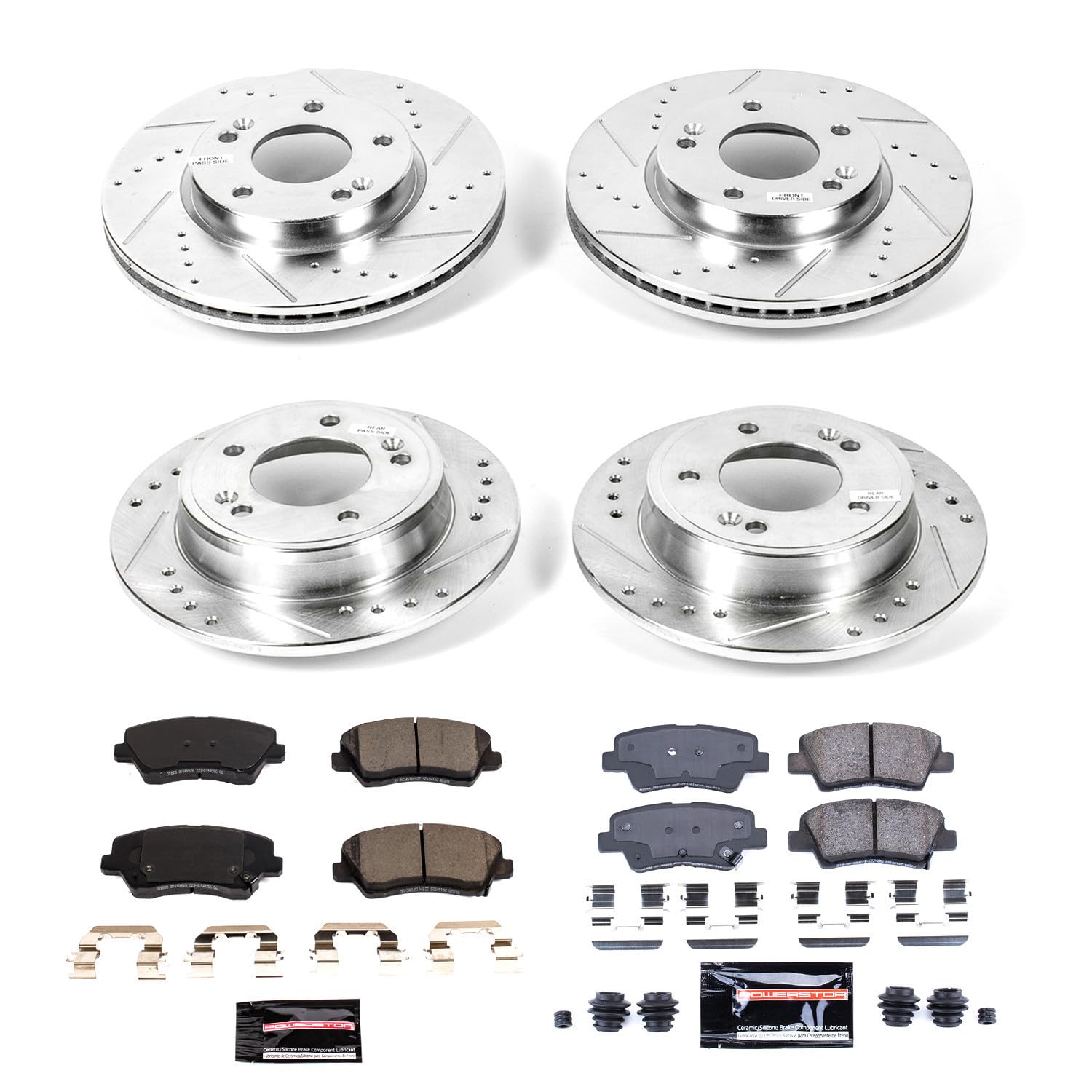 Power Stop K7582 Z23 Carbon Fiber Brake Pads Front and Rear with Drilled & Slotted Brake Rotors Kit For Hyundai Veloster 2017, Kia Forte 2017-2018, Kia Forte5 2017-2018 [Model Specific]