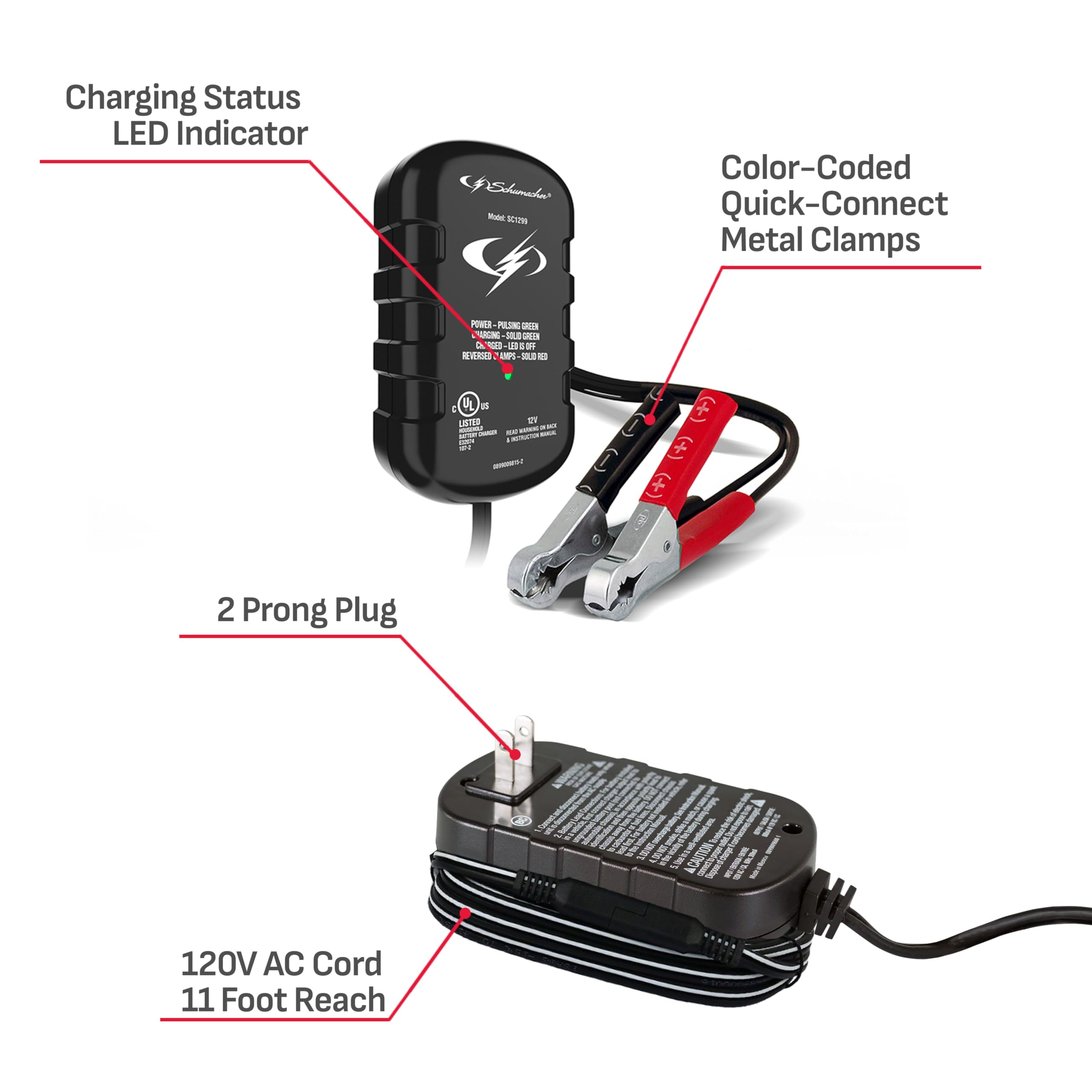 0.8A Schumacher Electric Car Battery Charger and Maintainer, 2-in-1 Solution, for 12V Power Sport, Automotive, and Marine Batteries, SC1299