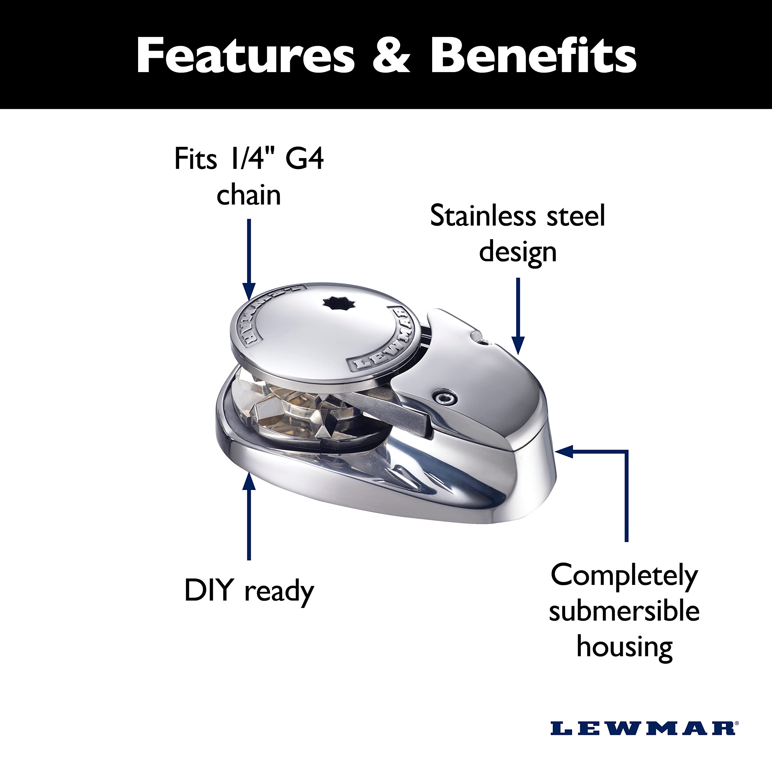 Lewmar 12V V700 Vertical Windlass for 1/4" G4 Chain, Fall Safe Gypsy, Maximum pull 700 lbs., 316 Stainless Steel Construction, IP67 Rated Housing, For Powerboats and Sailboats 20'-30' - 2020201176