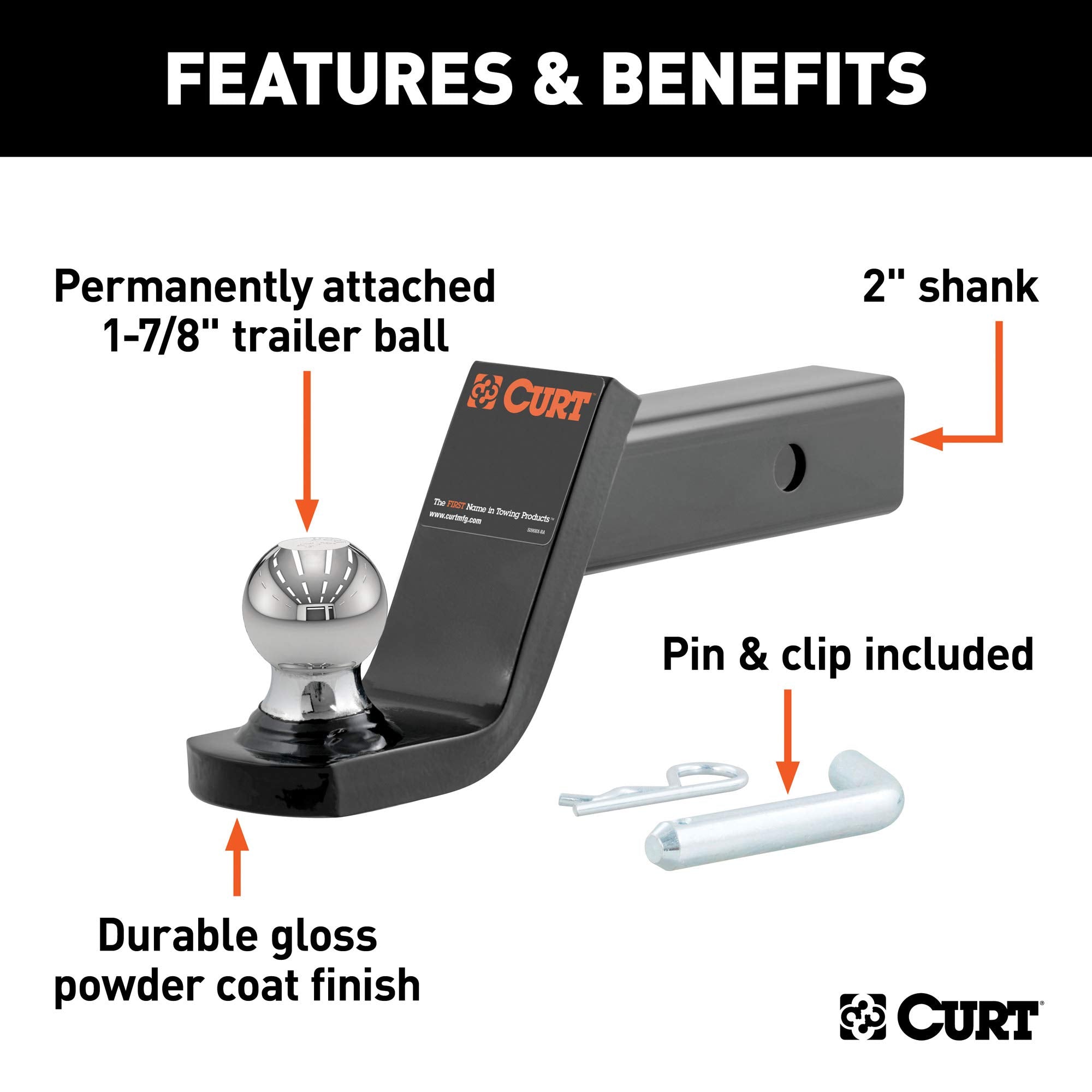 CURT Fusion Trailer Hitch Mount with 1-7/8-Inch Ball & Pin, 2-Inch Receiver Fits, 5,000 lbs, 4-Inch Drop