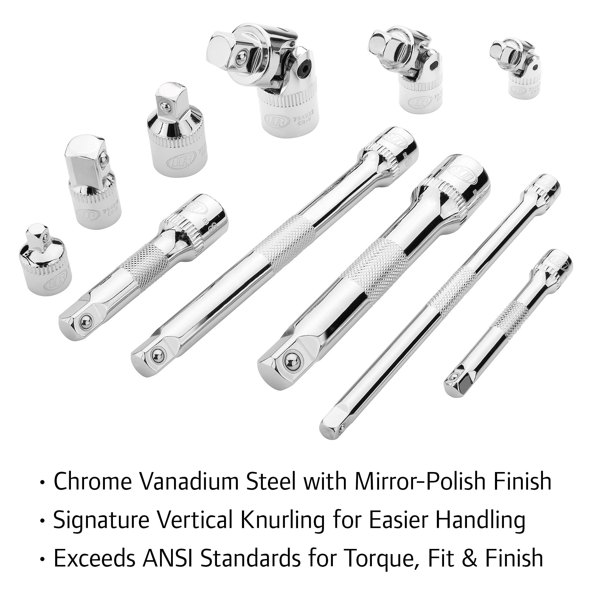 Ingersoll Rand 11-Piece Accessory Socket Set, Chrome Vanadium Steel, Includes U-Joints, Adapters & Extensions in 1/4", 3/8", 1/2" Drive, with Thermoform Organizer Tray – 752055X