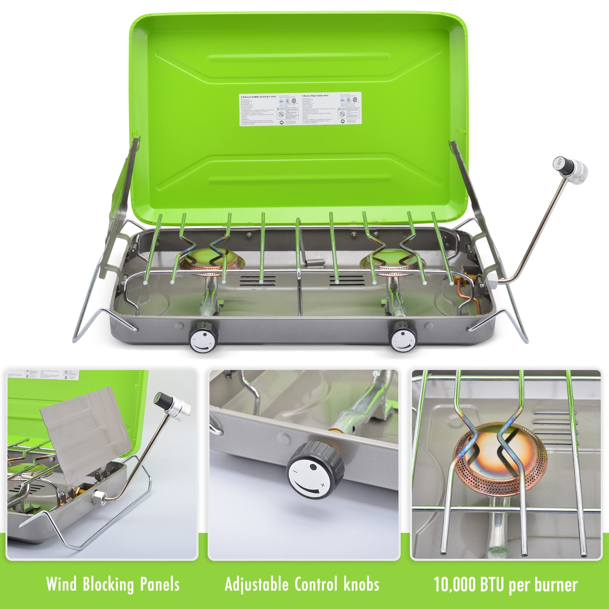 Flame King 2-Burner VT-101 Portable Camping Stove Grill, Great for Outdoor Cooking, Backpacking, Compatible with 1LB Propane Gas Bottle