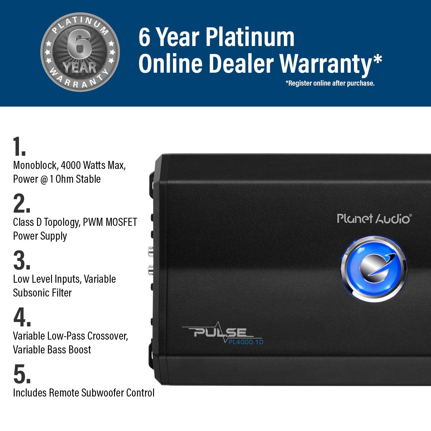 Pulse Series Planet Audio PL4000.1D Class D Monoblock Car Amplifier – 4000 High Output, 1 Ohm Stable, Low Level Inputs, Low Pass Crossover, MOSFET, Hook Up to Subwoofer for Bass