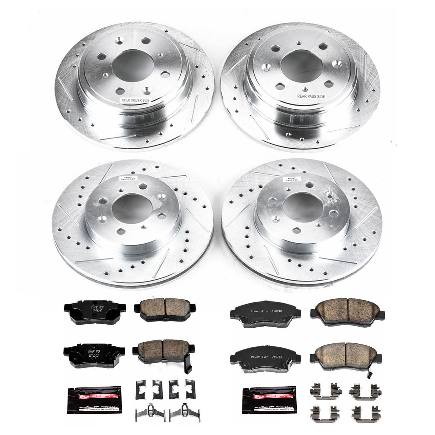 Power Stop K695 Z23 Carbon Fiber Brake Pads with Front and Rear Drilled & Slotted Brake Rotors Kit For Honda Civic del Sol 1994-1997 [Model Specific]