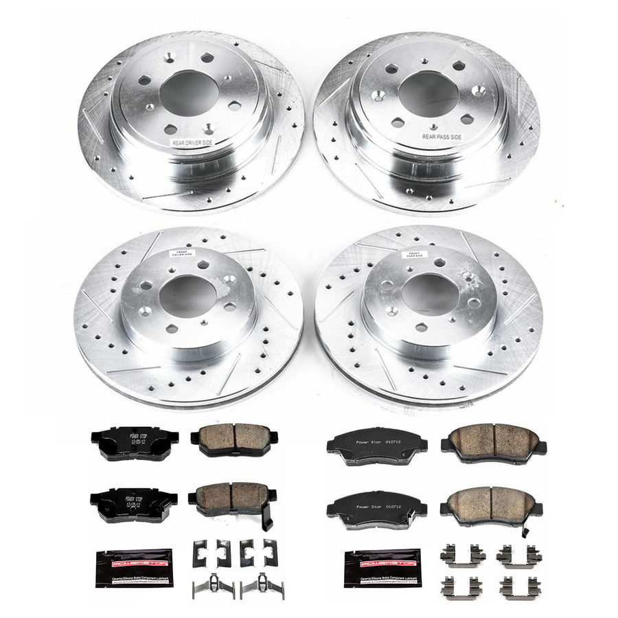 Power Stop K695 Z23 Carbon Fiber Brake Pads with Front and Rear Drilled & Slotted Brake Rotors Kit For Honda Civic del Sol 1994-1997 [Model Specific]