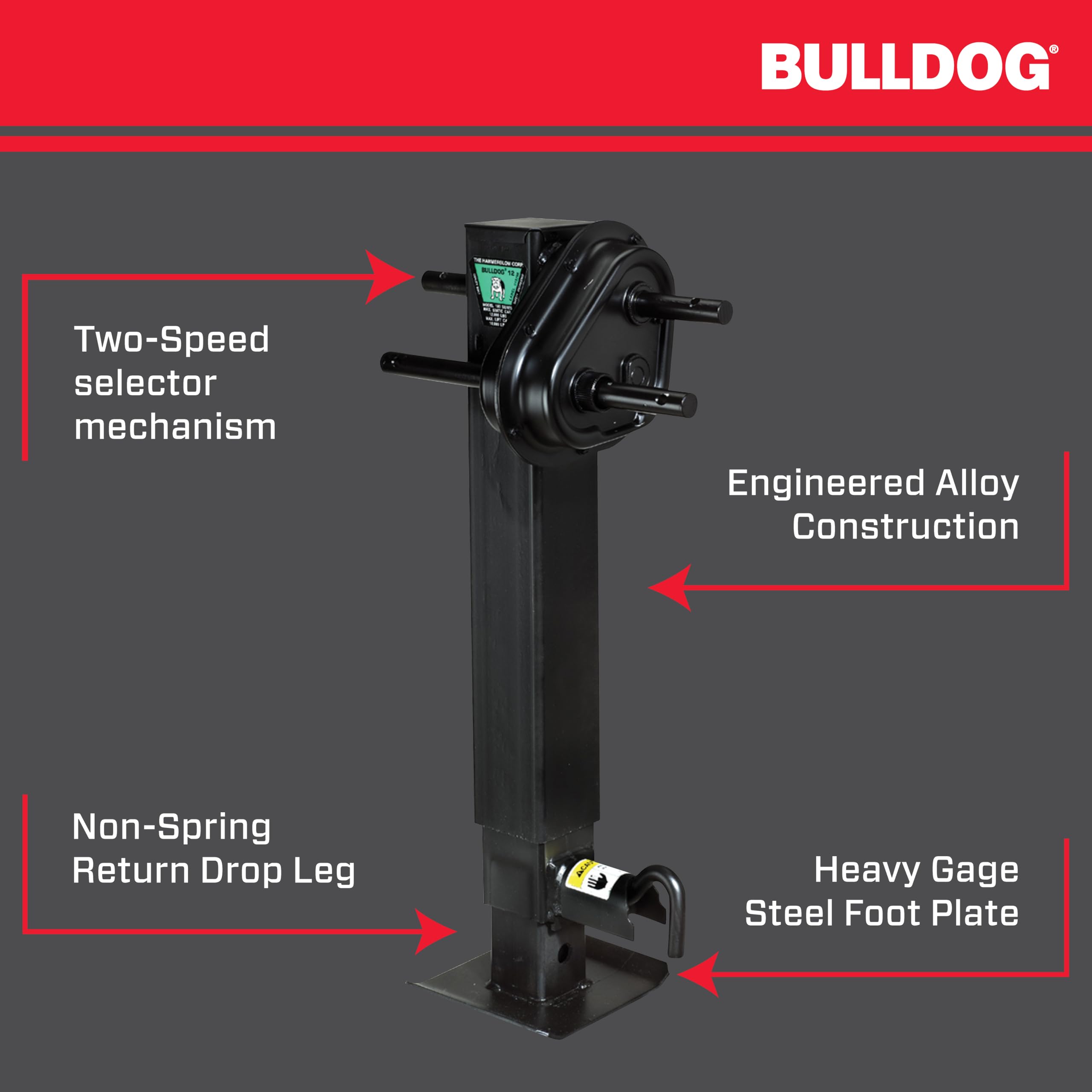 Two-Speed Bulldog 183902 Square Trailer Jack, 12,000 lbs. Lift Capacity, Sidewind, 12-1/2 Inch Travel, Spring Return, Pull Pin to The Side, Traditional Gearbox Style
