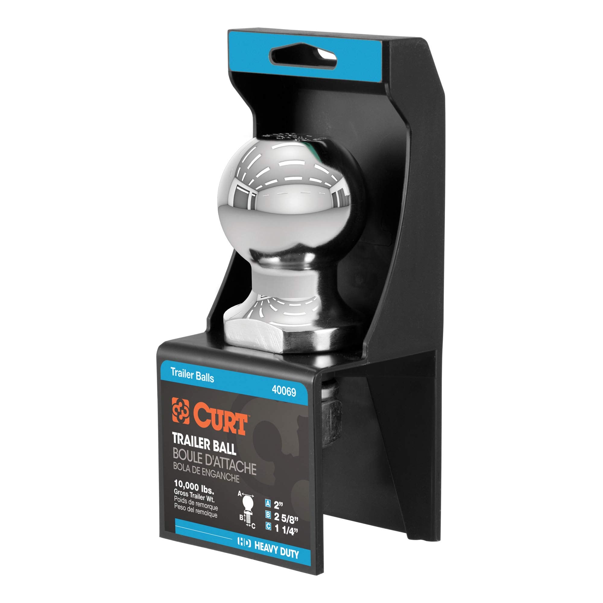 CURT Chrome Trailer Hitch Ball 40069, 10,000 lbs, 2-Inch Diameter, 1-1/4 x 2-5/8-Inch Shank