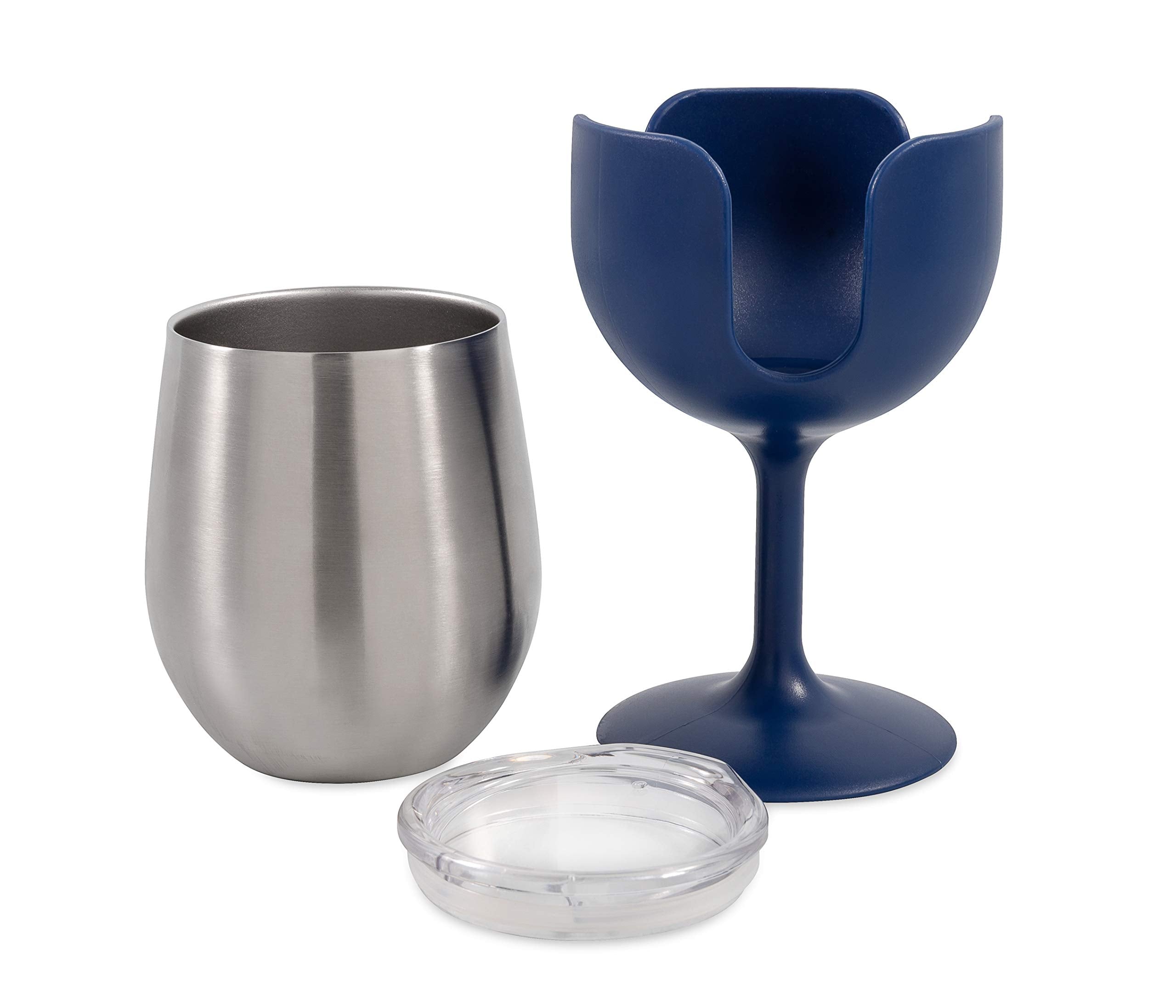 Camco Wine Tumbler Life is Better at The Campsite | Heavy Duty Double Wall Vacuum Insulation | Crafted of 18/8 Stainless Steel | Features Removable Navy & Peach Stems | 2-Pk, 8-oz/Each (51917)