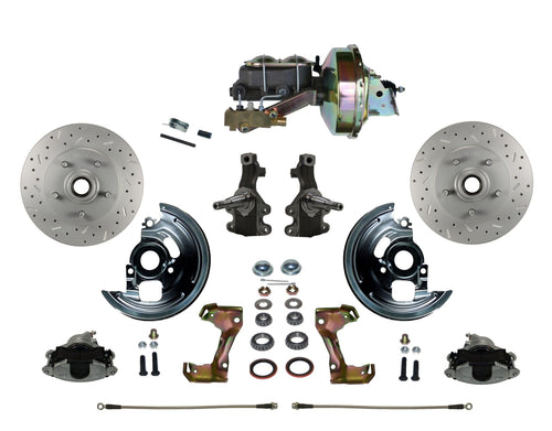 Power Front Disc Brake Conversion Kit LEED BRAKES 2" Drop Spindle Cross Drilled And Slotted Rotors With 9" Zinc Booster Cast Iron M/C Disc/Disc Side Mount