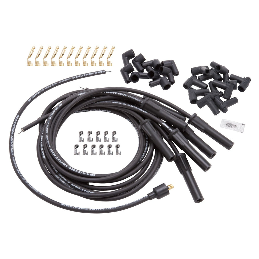 Spark Plug Set Edelbrock 22700 Universal Flex Boots 500 ohm Resistance 8.65mm Black Wire (Set of 9)