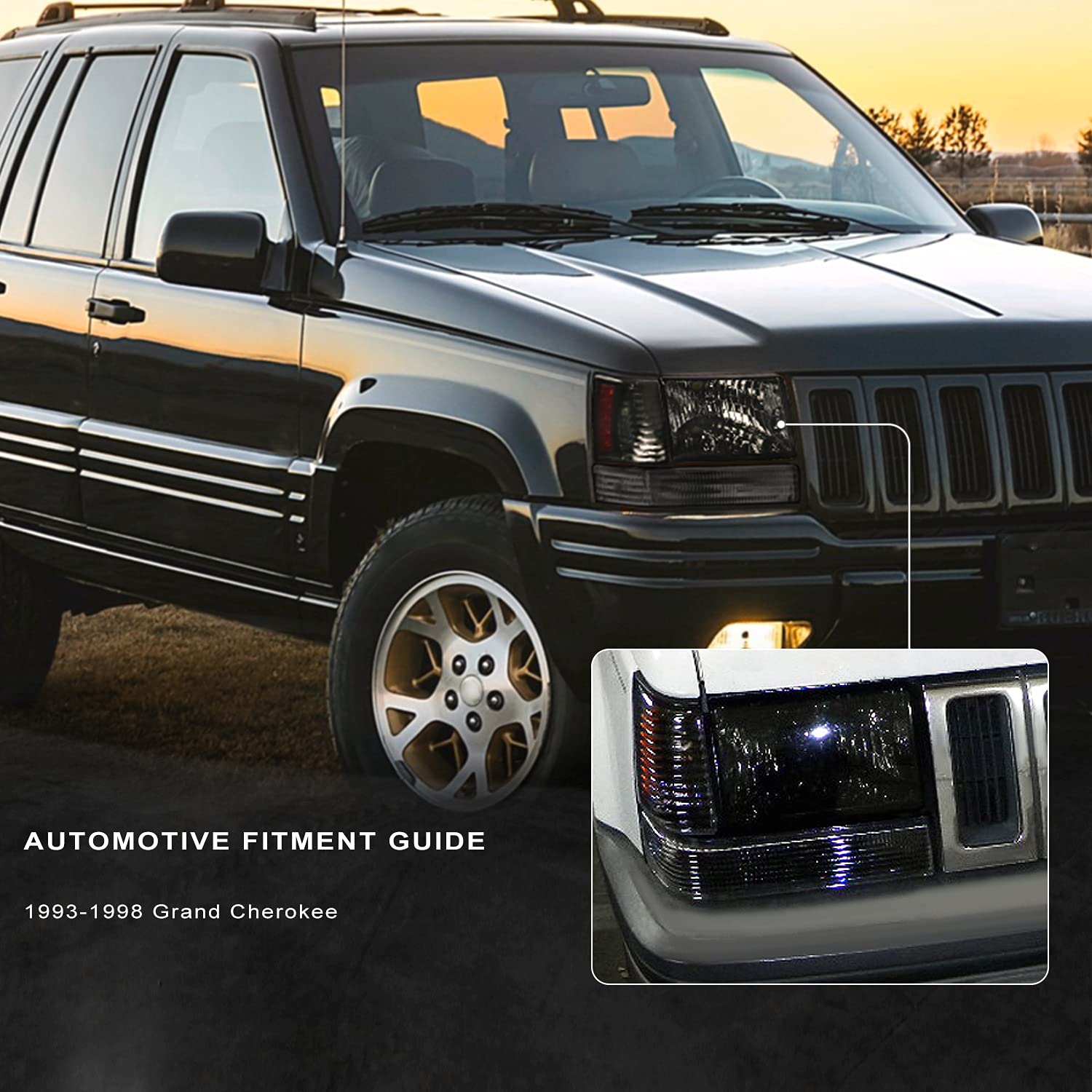 Black Housing SPEC-D TUNING Clear Lens Headlights + Bumper Lights + Corner Lamps Compatible with 1993-1996 Jeep Grand Cherokee, Left + Right Pair Headlamps Assembly