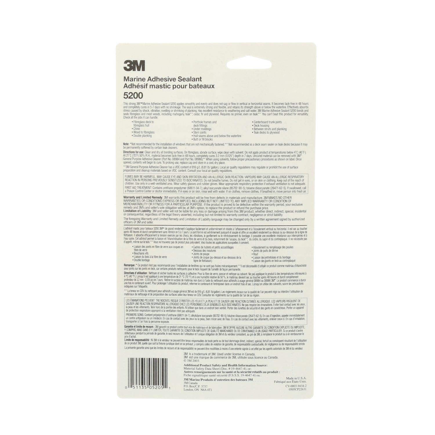 3M Marine Sealant Adhesive 5200 - Permanent Bonding and Sealing for Boats and RVs Above and Below the Waterline Waterproof Repair, White, 1 oz Tube