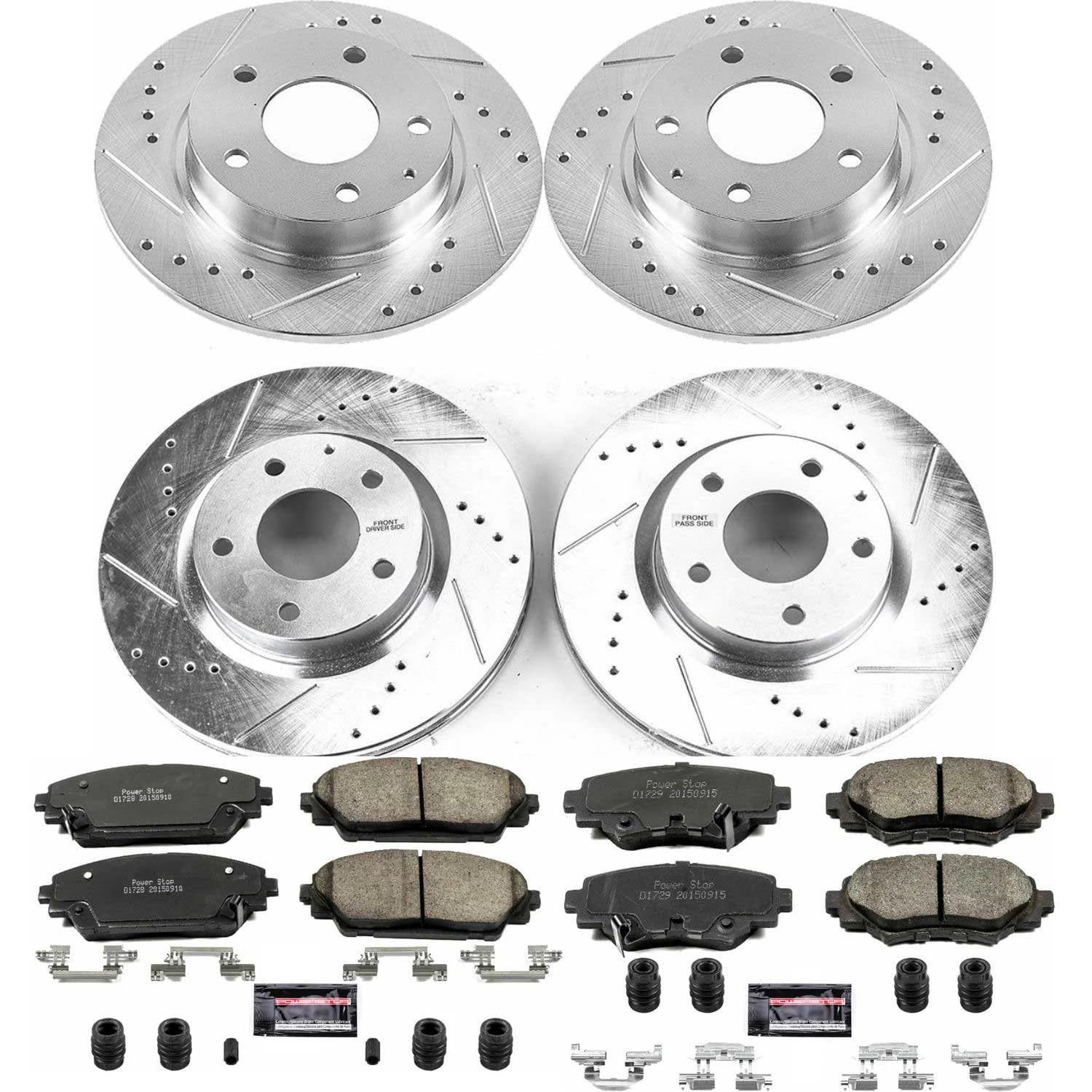 Power Stop K6970 Z23 Carbon Fiber Brake Pads Front and Rear with Drilled & Slotted Brake Rotors Kit For Mazda 3 2014-2016 [Model Specific]
