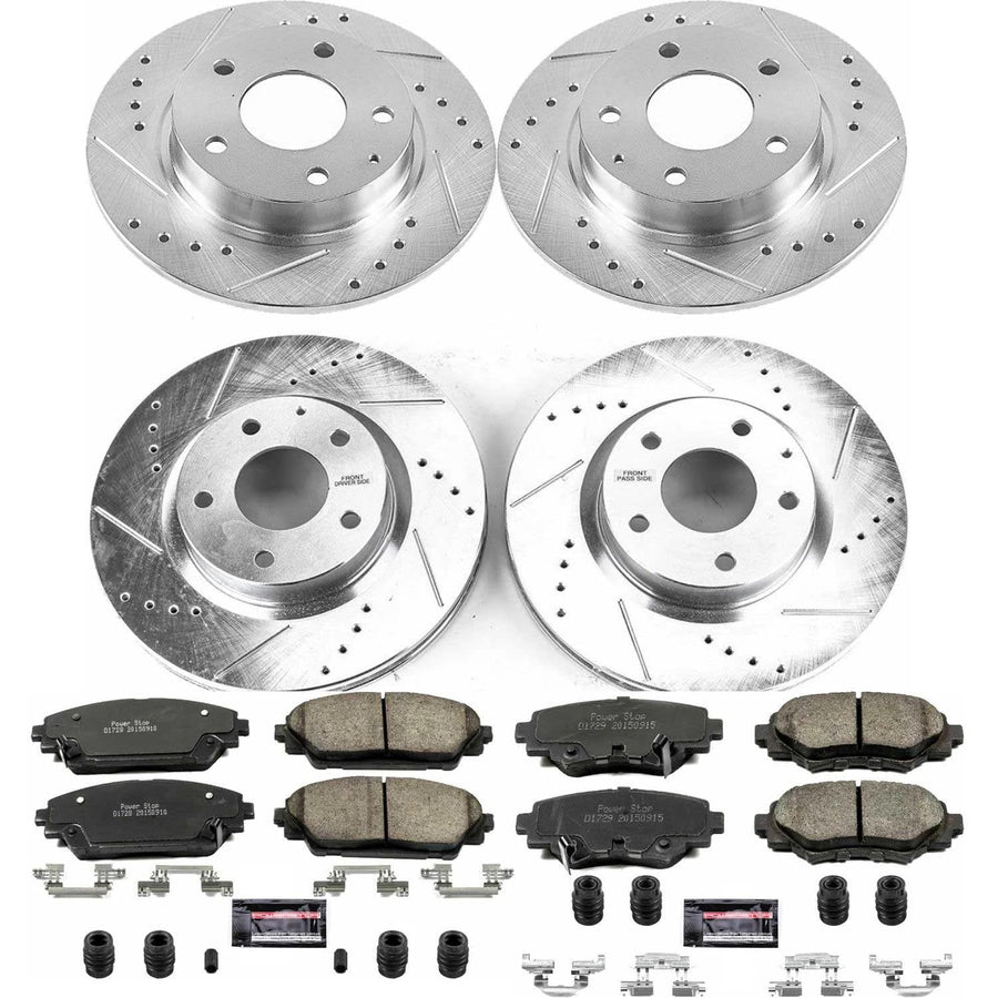 Power Stop K6970 Z23 Carbon Fiber Brake Pads Front and Rear with Drilled & Slotted Brake Rotors Kit For Mazda 3 2014-2016 [Model Specific]