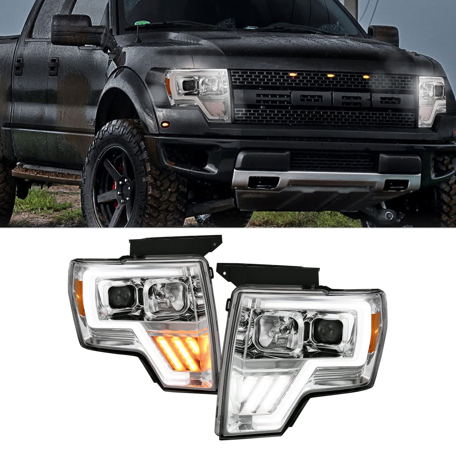 ANZO (111470) USA 2009-2013 Ford F-150 Projector Light Bar G4 Switchback H.L. Chrome Amber
