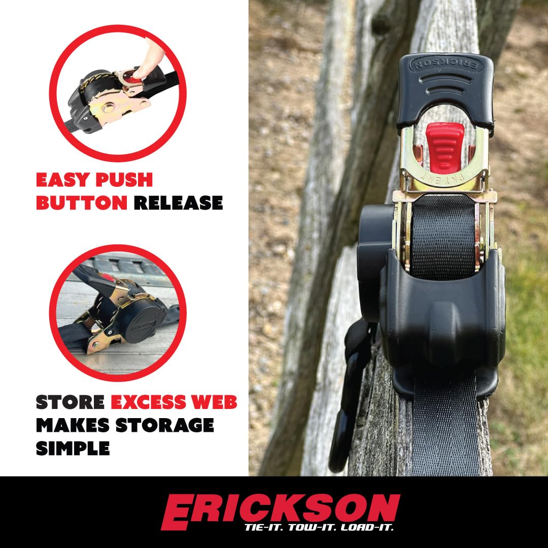 1in x 10ft Erickson Pro Series Black Retractable Ratcheting Tie-Down Straps, Heavy-Duty Secure Hold, 1500 lb Load Capacity, Pack of 2