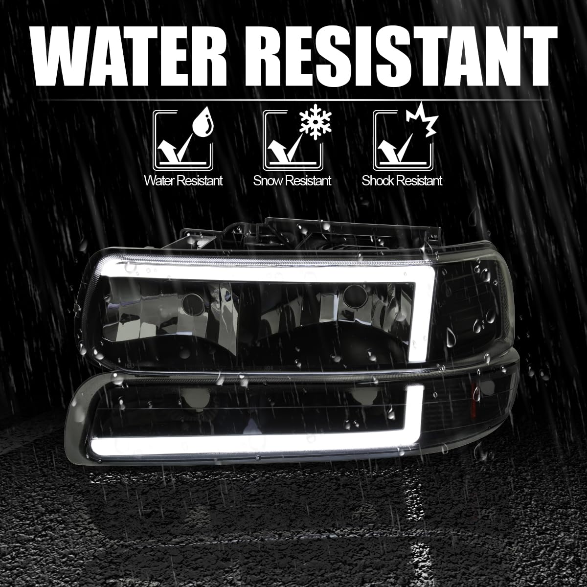 Black Smoke LED Bar Headlights + Bumper Lights SPEC-D TUNING Compatible with 1999-2002 Chevy Silverado 2000-2006 Tahoe Suburban, Left + Right Pair Headlamps Assembly