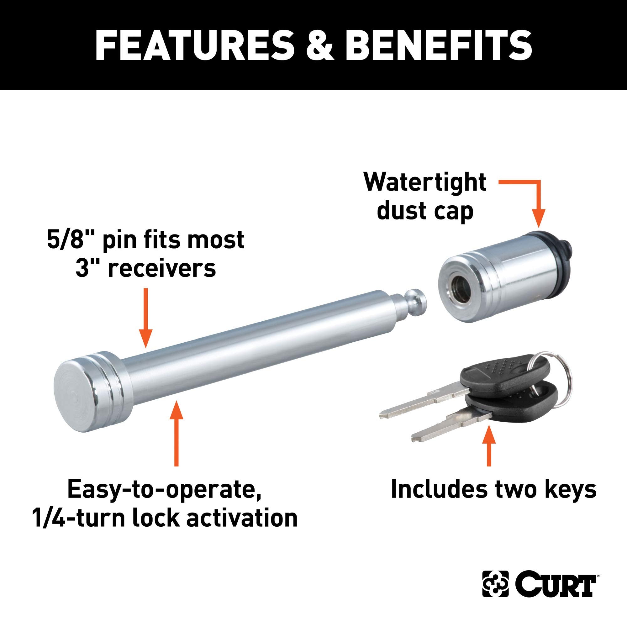 CURT Trailer Hitch Lock 23025, 5/8-Inch Pin Diameter, Fits 3-Inch Receiver