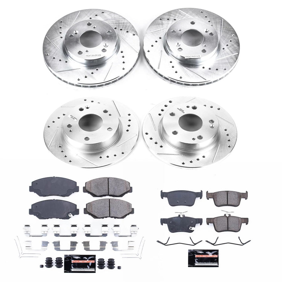 Power Stop Brake Kit Front and Rear For 2016-2021 Honda Civic - Carbon Fiber Brake Pads with Drilled and Slotted Brake Rotors