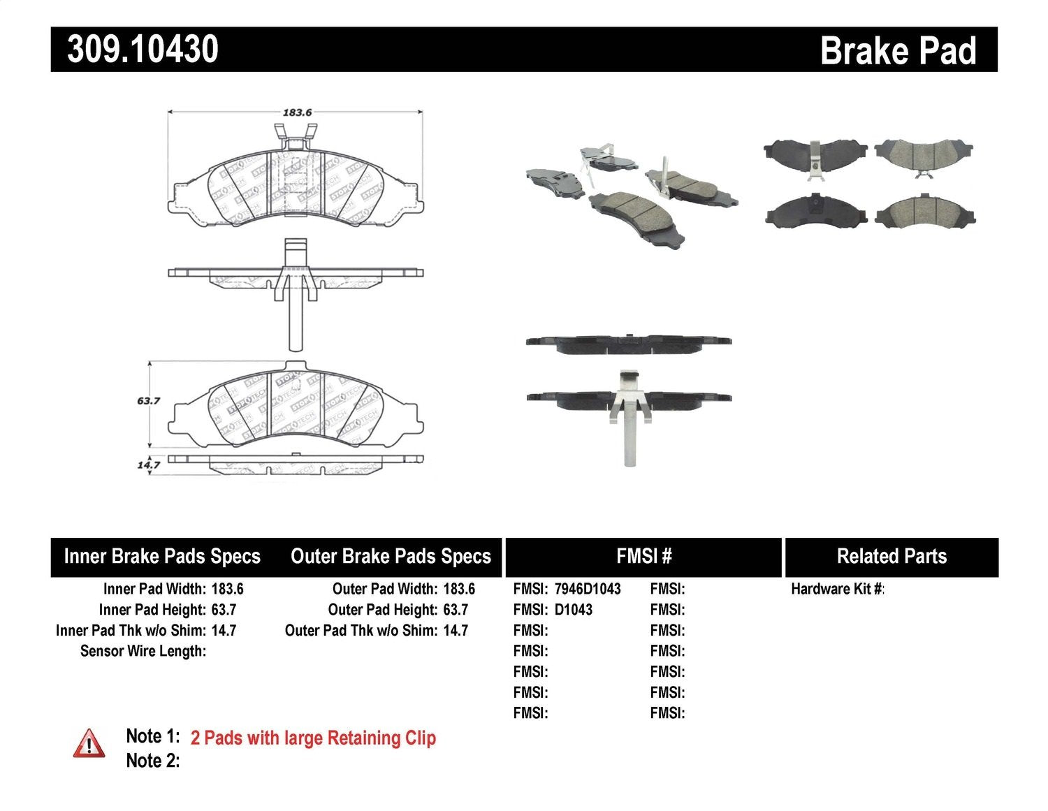 Sport Brake Pads StopTech 309.10430 with Shims and Hardware