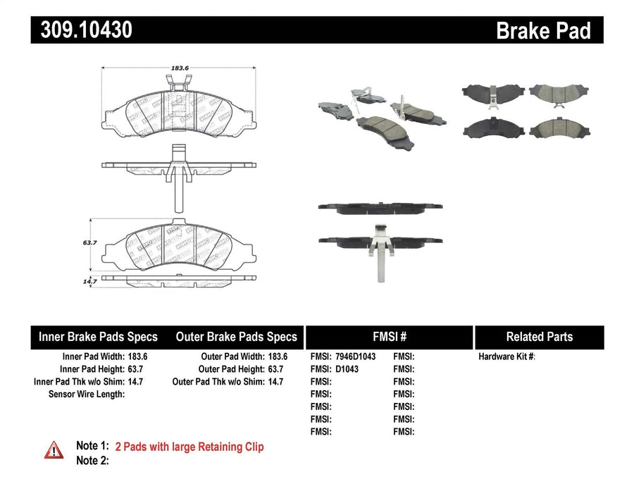 Sport Brake Pads StopTech 309.10430 with Shims and Hardware