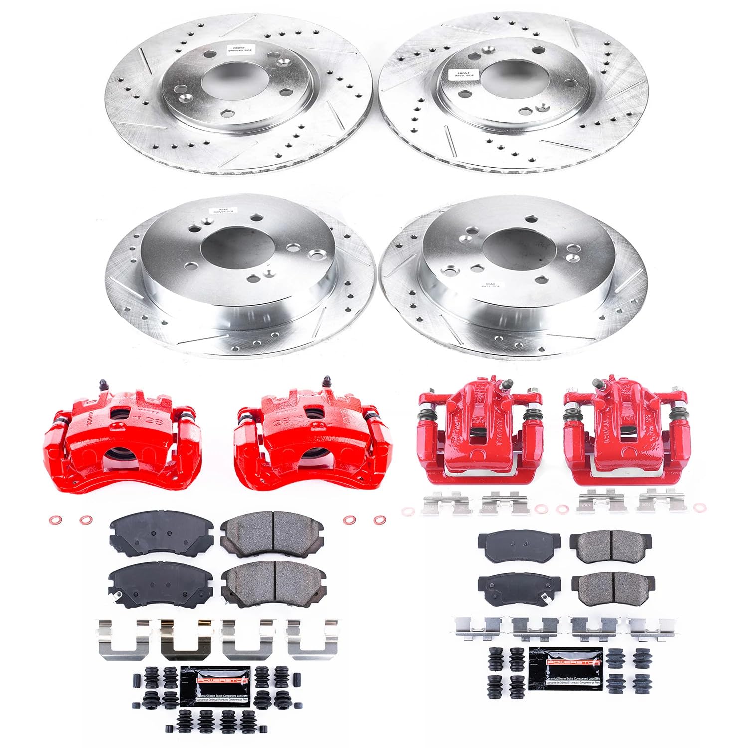 Power Stop Z23 KC4448 Evolution Sport Front and Rear Caliper Brake Kit-Drilled/Slotted Rotors, Carbon Ceramic Brake Pads, Calipers