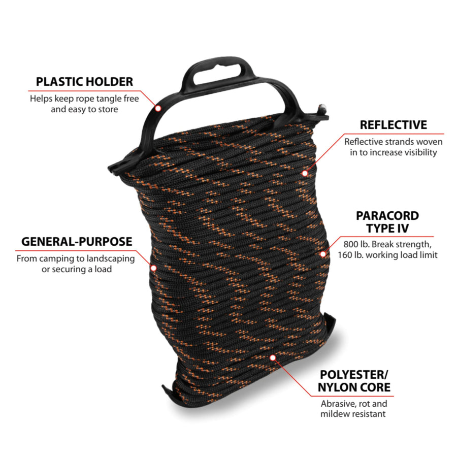 100' Performance Tool W1996 Reflective Rope Type-IV, 800 lb. Break Strength, 160 Lb. Working Load, Polyester/Nylon Core, Black/Orange