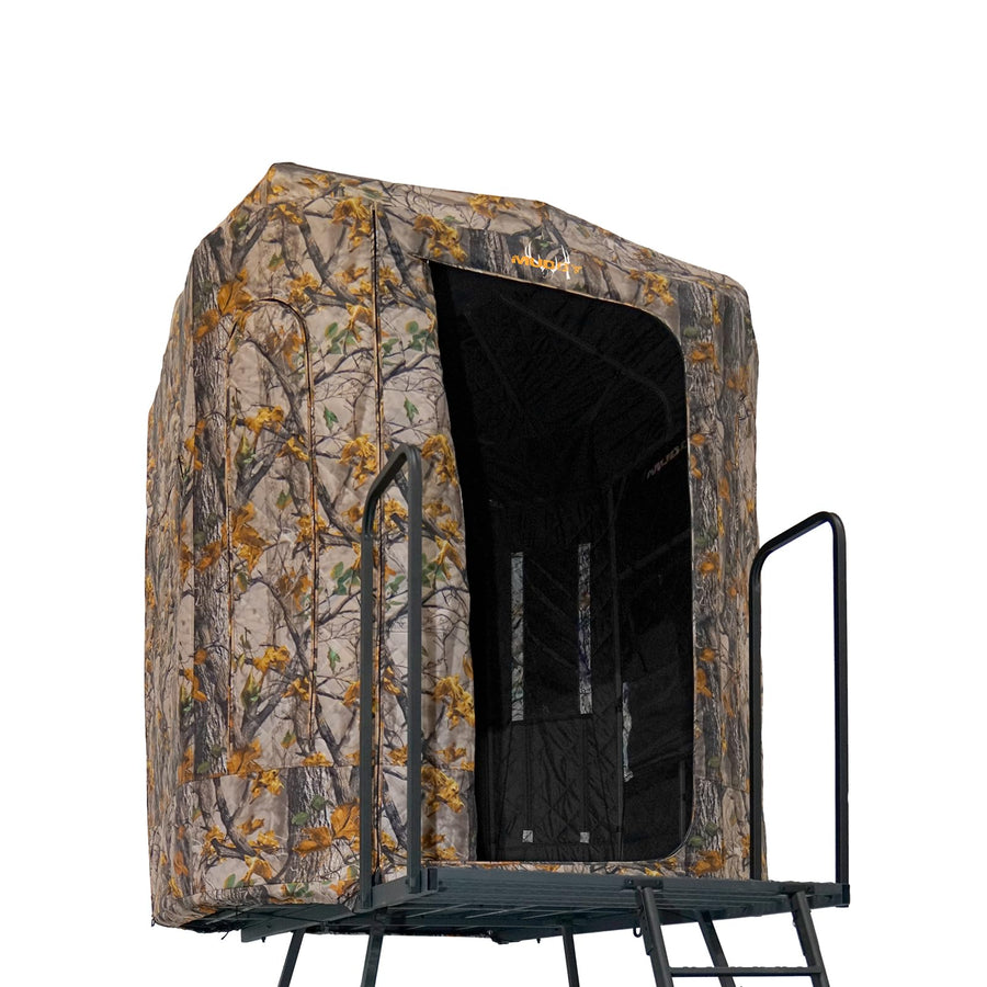 Muddy 360 Soft Side Resistant Heavy-Duty Powder Coated Steel Hunting Blind - Insulated Fabric Walls, Floor Pad, Silent Zipper Window System w/Sliding Mesh Backing - 10ft Deluxe Tower Platform
