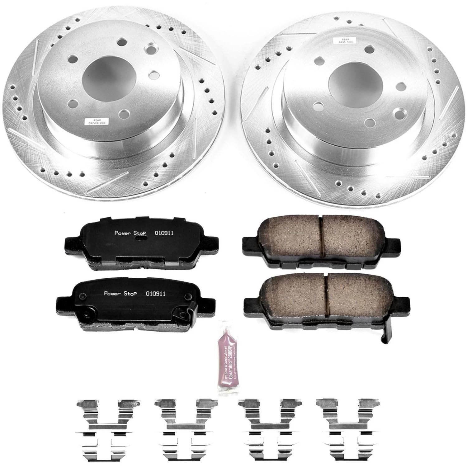 Power Stop K7881 Z23 Carbon Fiber Brake Pads with Drilled & Slotted Brake Rotors Kit Rear