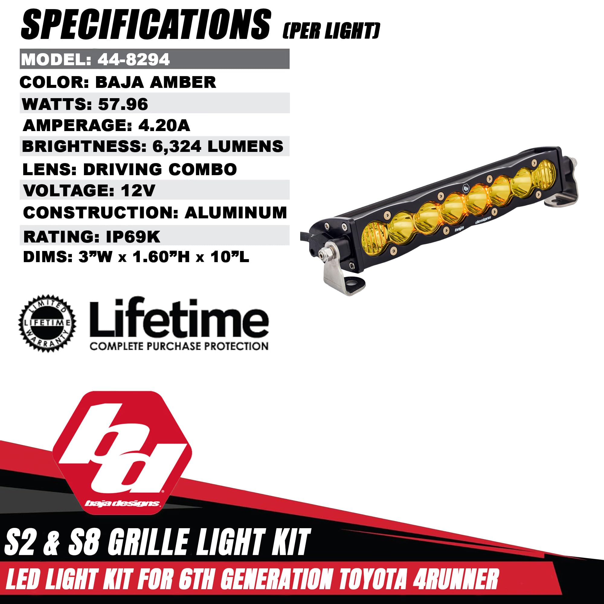 Baja Designs LED Light Kit Grille for 2025+ Toyota 4Runner TRD Pro/Trailhunter - S8 10-Inch LED Light Bar & S2 Pro Pods (3 PCS) - Street Legal, OEM Switch Compatible (Multi Pattern; Baja Amber)