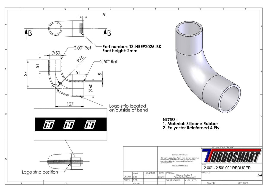 Turbosmart 90° Black Reducer Elbow 2.0" - 2.5" TS-HRE902025-BK