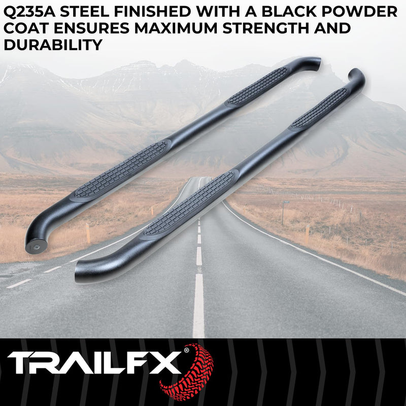 Nerf Bar TrailFX A0069T, 3 Inch Round Bent, Black Powder Coated, with Step Pads, W/O End Caps, Rocker Panel Mount, Fits 2025 Toyota 4Runner (Will Not Fit Models with Lower Rocker Panel Extensions)