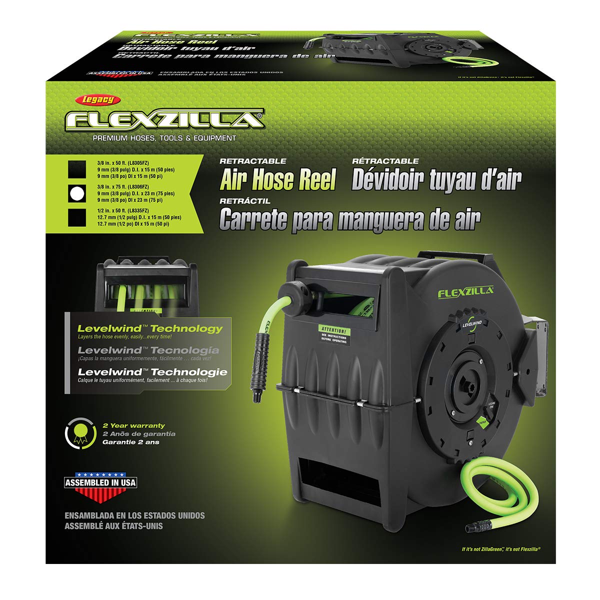 Flexzilla Retractable Levelwind Air Hose Reel, 3/8 in. x 75 ft., Heavy Duty, Lightweight, Hybrid, ZillaGreen - L8306FZ